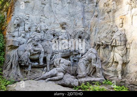 Klaneni Tri kralu, Kuks - Betlem (1717-1732, sochy M.B. Braun), Novy les, Zirec, Ceska republika / Betlem (Statue von M. B. Braun), Barockkomplex Kuks Stockfoto