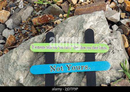 Motivationszitat auf bunten Holzstäben in einem blauen Eimer geschrieben - Wenn jemand Ihnen sagt, dass Sie das nicht können, zeigen sie Ihnen ihre Grenzen, nicht Ihre Stockfoto