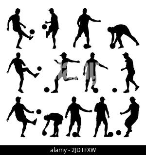 Set von Fußballspielern Silhouetten. Gruppe von Fußballern mit Ball in verschiedenen Posen. Silhouetten von Männern, die Fußball mit verschiedenen Figuren spielen.Vektor Stock Vektor