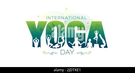 Internationaler Yoga-Tag. Yoga Körperhaltung mit Text. Gruppe von Frau praktiziert Yoga. vektor Illustration Design Stock Vektor