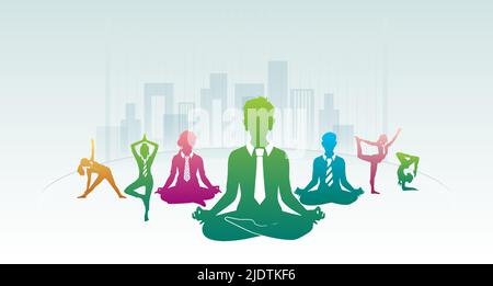 Yoga Tag Grußkarte Konzept. Mitarbeiter Mitarbeiter emotionale Mitarbeiterbindung oder Geschäftsleute üben Yoga und Atemübungen. Stock Vektor