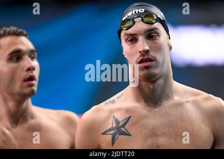 Budapest, Ungarn. 23.. Juni 2022. Ungarn HUN, MILAK Kristof HUN, Italien ITA, BALLO Stefano ITA4x200m Freestyle Relay Männer heizt Schwimmen FINA 19. World Championships Budapest 2022 Budapest, Duna Arena 23/06/22 Foto Giorgio Scala/Deepbluemedia/Insidefoto Kredit: Insidefoto srl/Alamy Live News Stockfoto