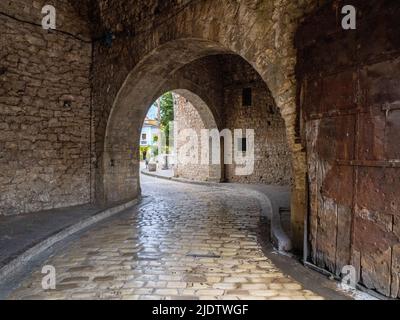 Gewölbter Durchgang in die alte ummauerte Zitadelle von Ioannina in der Epirus Region von Nordgriechenland mit erhaltenen Überresten der ursprünglichen eisernen gekleideten Tür Stockfoto