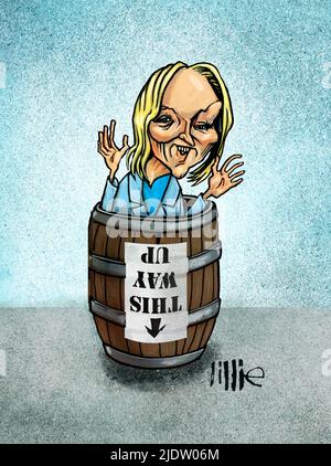 Satirische Karikatur Karikatur Cartoon-Kunst von Mary Elizabeth Truss, AKA Liz Truss, ex-britische konservative Premierministerin, stehend in einem Fass. Stockfoto