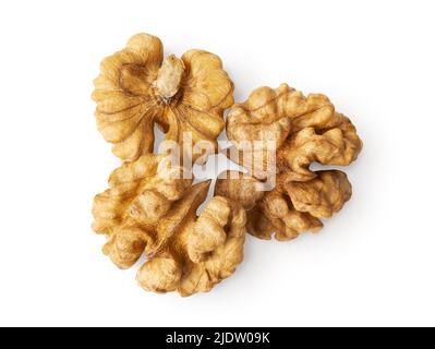 Gruppe von frisch geschälten Walnüssen, isoliert auf weißem Hintergrund Stockfoto