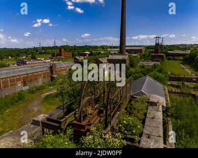 Chatterley Whitfield verlassene stillgelegte Steinbrüche ehemalige Mine und Museum Stoke on Trent Staffordshire Drohne Luftbildfotografie Stockfoto