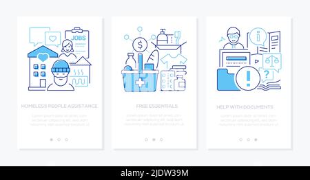 Obdachlose People Assistance – Bannerset im Line-Design-Stil Stock Vektor