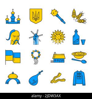 Ukraine Icons Kollektion im farbigen Linienstil. Vektorgrafik. Stock Vektor