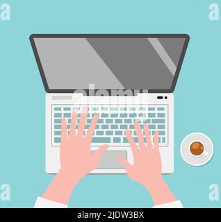Minimale Illustration der Arbeit an Einem Laptop Hände Tastatur Kaffee Konzept Graphic Business Office Vorlage Stock Vektor