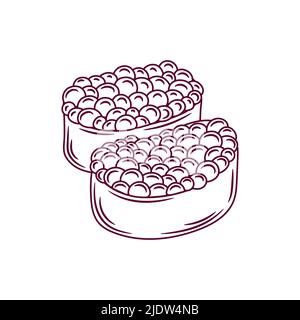 Ikura Sushi-Rollenumriss. Japanische Ikone der traditionellen Küche mit Lachskaviar. Isolierte handgezeichnete Vektorgrafik für Meeresfrüchte. Stock Vektor