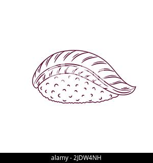 Hamachi Sushi-Übersicht. Japanische Ikone der traditionellen Küche. Isolierte handgezeichnete Vektorgrafik für Meeresfrüchte. Stock Vektor