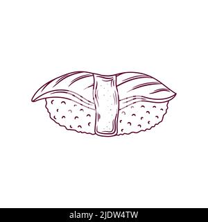 Maguro Sushi-Umriss. Japanische traditionelle Lebensmittel-Ikone mit Thunfisch-Filets. Isolierte handgezeichnete Vektorgrafik für Meeresfrüchte. Stock Vektor