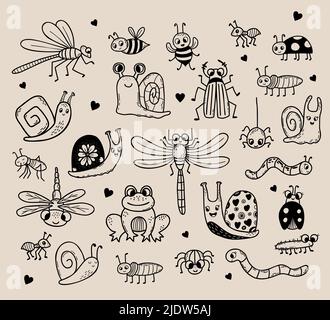 Vektor-Set von niedlichen Insektenkritzeln. Lineare Handzeichnung. Lustige Dekorationsfiguren Insekten, Käfer und Tiere für Design, Dekor, Dekoration und Druck Stock Vektor