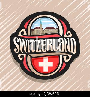 Vektor Logo für die Schweiz Land, Kühlschrank Magnet mit Schweizer Flagge, original brush Schrift für Wort Schweiz und Schweizer Symbol - Fraumunst Stock Vektor