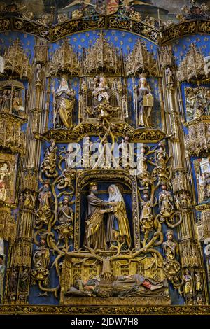 Spanien, Burgos. Kathedrale von Santa Maria. Einzelheiten im Altarbild (Retablo) in der Kapelle von Santa Ana, auch als Kapelle der Empfängnis bekannt. Stockfoto