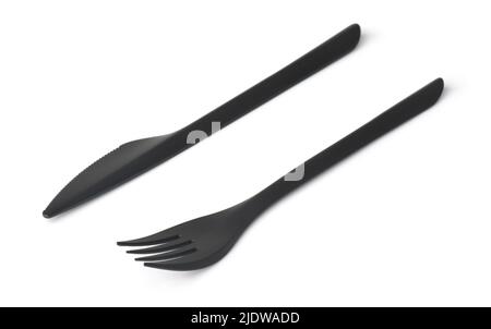 Schwarze Kunststoff-Einweggabel und Messer isoliert auf weiß Stockfoto