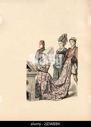 Burgundische Kostüme, Mitte 15.. Jahrhundert, Illustration, die Geschichte des Kostüms, Braun & Schneider, München, Deutschland, 1861-1880 Stockfoto