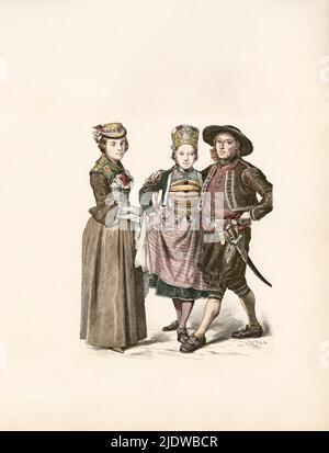 Schweizer Kostüme, Wallis, Hochzeitskostüm, Zürich, Schweiz, Ende des 18.. Jahrhunderts, Illustration, die Geschichte des Kostüms, Braun & Schneider, München, Deutschland, 1861-1880 Stockfoto