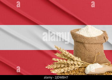 Österreich Getreidekrise, Konzept globale Hungerkrise, Hintergrund Flagge Österreich Weizenkorn. Konzept des Weizenanbaus in Österreich, 3D Arbeit und 3D Bild Stockfoto