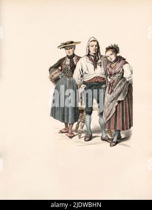 Schweizer Kostüme, Zug, Schwyz, Schweiz, Ende 18.. Jahrhundert, Illustration, The History of Costume, Braun & Schneider, München, Deutschland, 1861-1880 Stockfoto