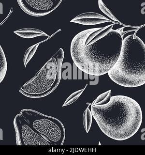 Nahtloses Muster im Hintergrund-Design mit Zitrusfrüchten. Gravierte Ausführung. Handgezeichneter Pomelo. Stock Vektor