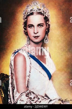 1930 ca. , Roma , Italien : die belgische Prinzessin Marie José von BELGIEN ( 1906 - 2001 ) , zukünftige letzte Königin von Italien , heiratete im Jahr 1930 mit dem italienischen Prinz von Piemonte UMBERTO II di SAVOIA ( 1904 - 1983 ) . Auf diesem Foto mit der von Umberto selbst entworfenen Tiara. Porträt von Ghitta Carell , Roma - Haus BRABANT - BRABANTE - Lizenzgebühr - nobili italiani - nobiltà - principessa reale - ITALIA - BELGIO - Maria José - ritratto - collana - Halskette - perla - Perle - perle - Juwel - Juwelen - Schmuck - gioiello - gioielli - bijoux - Corona - Krone - orecchino - orecchini - Stockfoto