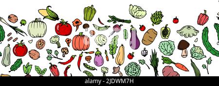 Leckeres Gemüse. Gartenfrüchte. Unterer Rand am Rand. Essbare Lebensmittelpflanzen. Handgezeichnete Umrisse. Isoliert auf weißem Hintergrund. Durchgehend nahtlos Stock Vektor