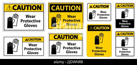 Achtung Tragen Sie Schutzhandschuhe auf weißem Hintergrund Stock Vektor
