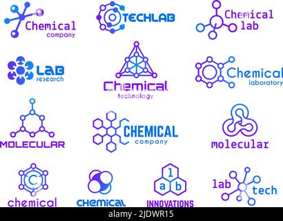 Chemie-Abzeichen. Hexagon Molecules Logo, Symbole der Molekülstruktur für die chemische Industrie. Business Innovation Technology, biomolekularer Tidy-Vektor Stock Vektor