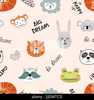 Kindlicher positiver Druck mit skandinavischem Tiergesicht und positivem Text. Doodle wild Tier, Baby Kinderzimmer Vektor nahtlose Muster Stock Vektor