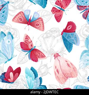 Heller Schmetterling und Rosen. Schmetterlinge, skizzieren Blumen und Blätter nahtlose Muster. Romantische Garten Vektor Textur, florale Natur Hintergrund Stock Vektor