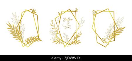 Abstraktes, mehreckiges Blumendesign-Set in Gold. Luxus Boho leeren Text Rahmen Vorlage Art Deco Hintergrund Stock Vektor