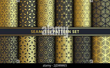 Gold schwarze Spitze Blume nahtlose Muster Set. Endlose Blumenhintergrund. Textile Wickelverzierung Stock Vektor