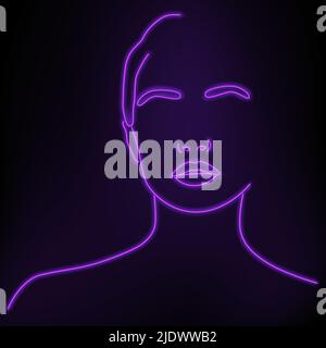 Schönes Vektorportrait eines menschlichen Gesichts. Eine Abbildung eines menschlichen Kopfes aus einem Punktbild. Hochformat in einer Zeile. Das Gesicht ist neon auf einer schwarzen BA Stock Vektor