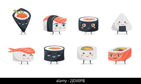 Witziges Sushi-Konzept mit Sushi-Figuren. Niedliche Vektorgrafiken Stock Vektor