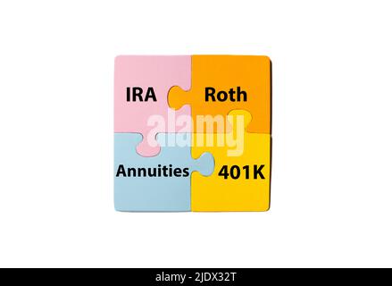 Puzzle Puzzleteile der Altersvorsorge und Zuweisung von IRA, 401K, Roth und Annuities Stockfoto