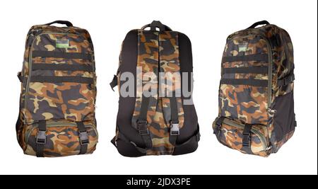 Camouflage Rucksack für den Wald und Militär Rucksack isoliert n weiß Stockfoto