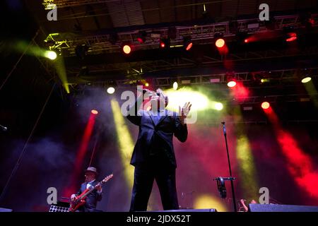 Madrid. Spanien. 20220623, Suggs, Chas Smash, Lee Thompson, Mike Barson von Madness spielen auf der Bühne während des Noches del Botanico Festivals im Royal Botanical Garden Alfonso XIII am 23. Juni 2022 in Madrid, Spanien Stockfoto