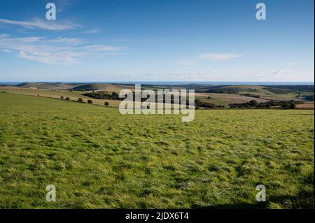 Blick südlich vom Kithurst Hill über die South Downs in Richtung Worthing und dem Offshore-Windpark Rampion, West Sussex, England, Großbritannien Stockfoto