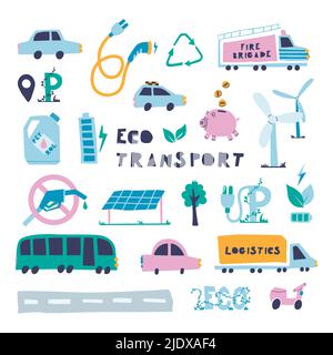 Großer Satz von Elementen für Designs umweltfreundliche Konzepte. Strom-, Solar- und Windstrom-Wechselstromgenerierungssystem. Elektroautos, Taxi Stock Vektor