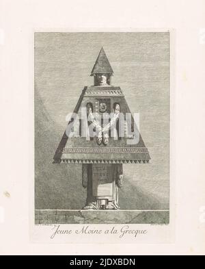 Griechischer junger Mönch, Jeune Moine a la Grecque (Titel auf Objekt), Maskarade A La Grecque (Serientitel), Eine stehende Figur mit einem Körper in einer dreieckigen geometrischen Form und Girlanden als Arme. Auf dem Kopf trägt er einen dreieckigen Kopfschmuck, Druckerei: Benigno Bossi, (auf Objekt erwähnt), nach Entwurf von: Ennemond Alexandre Petitot, (auf Objekt erwähnt), Guillaume du Tillot (Marquis de Felino), 1771, Papier, Radierung, Höhe 270 mm × Breite 183 mm Stockfoto