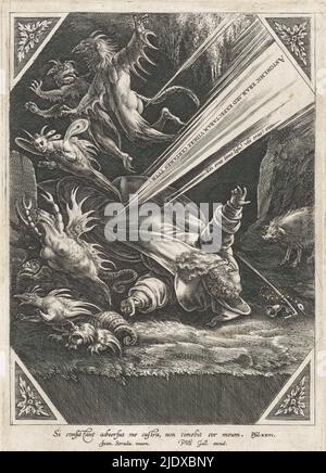 Der Heilige Antonius liegt auf dem Rücken auf dem Boden vor einer Höhle. Über seinem Kopf fliegen dämonische Kreaturen. A llight beam from Antony to Heaven hat den Text: UBI eras bone Jesu? UBI-Ära? Etc....Ein zweiter Lichtstrahl vom Himmel auf den Körper des heiligen hat den Text: Antoni, hic eram, SED expecabam videre certamen tuum. Auf dem Boden sind Personal und Klingel. Rechts das Wildschwein., Druckerei: Anonym, nach Zeichnung von: Jan van der Straet, Verlag: Philips Galle, Niederlande, 1500 - 1599, Papier, Gravur, Höhe 205 mm × Breite 142 mm Stockfoto