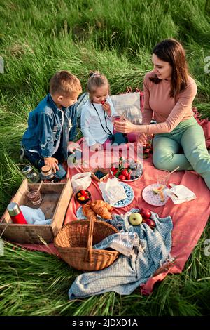 Mutter gibt Kindern Wasser im Picknick auf dem Feld Stockfoto