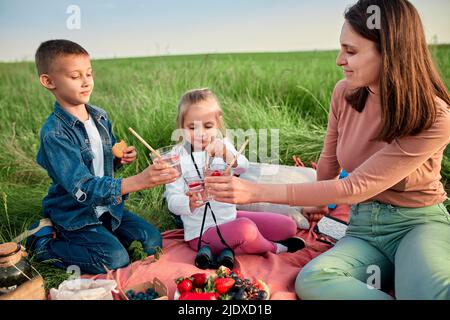 Lächelnde Frau und Kinder toasten infundiert Wassergläser auf Picknick Stockfoto