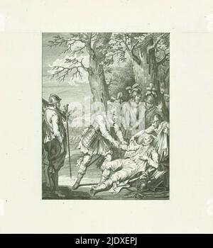 Tod des Grafen von Hoogstraten, 1568, Tod des Grafen v. Hoogstraten / III. Lied (Titel auf Objekt), Szenen aus dem Leben von Prinz Wilhelm I., 1568-1584 (Serientitel), Kunsttafeln zum Epos Willem den Eersten, In vier en twintig zangen by den Nederlandschen dichter J. Nomsz. (Serientitel auf Objekt), Tod des Grafen von Hoogstraten, inmitten von Soldaten, Hand gehalten von Prinz Wilhelm I., 11. Dezember 1568. Drittes Lied., Druckerei: Theodoor Koning, nach Gestaltung von: Jacobus Buys, nach Zeichnung von: Jacobus Buys, Druckerei: Nordniederland, Verlag: Amsterdam, Verlag: Stockfoto