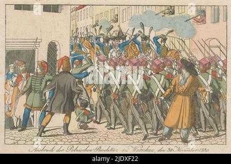 November Uprising, 1830, Ausbruch der Polnischen Revolution zu Warschau, den 30. November 1830 (Titel auf Objekt), Ausbruch des Novemberaufstands in Warschau, 30. November 1830. Die Kadetten der polnischen Militärakademie revoltieren gegen die russischen Truppen in der Stadt., Druckerei: Anonym, Deutschland, (möglicherweise), 1830 - 1831, Papier, Radierung, Höhe 161 mm × Breite 247 mm Stockfoto