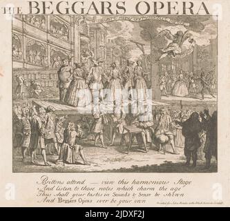 Karikatur zur Beggars Opera, 1728, zur Beggars Opera (Titel auf Objekt), Karikatur zur Aufführung der Beggars Opera 1728 von John Gay, hier wird das Stück von sechs Personen mit Tierköpfen auf einer Bühne aufgeführt. Im Vordergrund ein Orchester mit einfachen Instrumenten. Links eine Wand mit Flugblättern, gegen die ein Mann uriniert und ein anderer sein Gesäß wischt. Oben rechts fliegt ein Engel mit einem Banner mit der Aufschrift „Harmonie“ davon. Mit vierzeiligen Versen., Druckerei: Anonym, Verlag: John Bowles, (auf Objekt erwähnt), Druckerei: England, Verlag: London, 1728, Papier, Radierung, Stockfoto