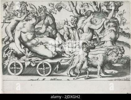 Triumph des Bacchus, Bacchante Prozession nach rechts. Bacchus saß auf einem Wagen, der von vier Löwen gezogen wurde. Hinter Bacchus schweben zwei Satyrs und ein Putto. Rechts zwei Bacchae. Im Hintergrund Silenus auf einem Esel., Druckerei: Giulio Bonasone, nach Entwurf: Perino del Vaga, (möglicherweise), Italien, 1501 - 1580, Papier, Gravur, Höhe 158 mm × Breite 219 mm Stockfoto