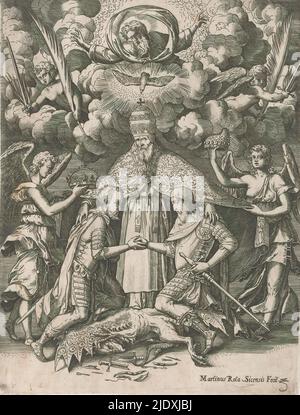 Papst Pius V. spielt auf Philipp II., König von Spanien, Papst Pius V. auf Philipp II., König von Spanien an. Er steht in der Mitte; über seinem Haupt steht Gott der Vater in einer Wolke, der Heilige Geist wie eine Taube und einige Engel mit Palmzweigen. Vor ihm stehen Philipp II. Und der doge von Venedig in kniender Position. Hinter Philipp II. Ein Engel mit seiner Krone; rechts ein Engel mit dogenhut in der Hand. Unter ihren Füßen ist ein gefällter Drache. Stockfoto