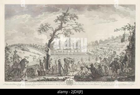 Grande Chasse donnée au Baerensee près de Stuttgard, 1782 / Jagdfest in Baerensee bei Stuttgart im Oktober 1782 jagten große Rehe und Wildschweine in Baerensee bei Stuttgart im Beisein des Großherzogs von Russland (?) im Oktober 1782. In der Mitte laufen Hirsche durch das Wasser. Zuschauer im Vordergrund., Druckerei: Nicolaus Heideloff, nach Malerei von: Victor Wilhelm Peter Heideloff, Ludwig Fürst von Nassau zu Saarbrücken, nach 1782, Papier, Radierung, Höhe 477 mm × Breite 754 mm Stockfoto